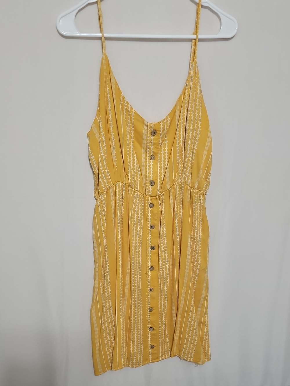 Wishful Park Mustard Yellow Striped Button-Front Spaghetti Mini Dress